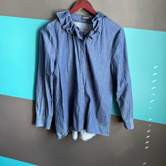 Elegant Ruffled Blue Button Down Shirt - Picture 1 of 10